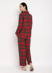 Green & White Checked Print Cotton Flannel Long Sleeve Women's Night Suit - Shopbloom
