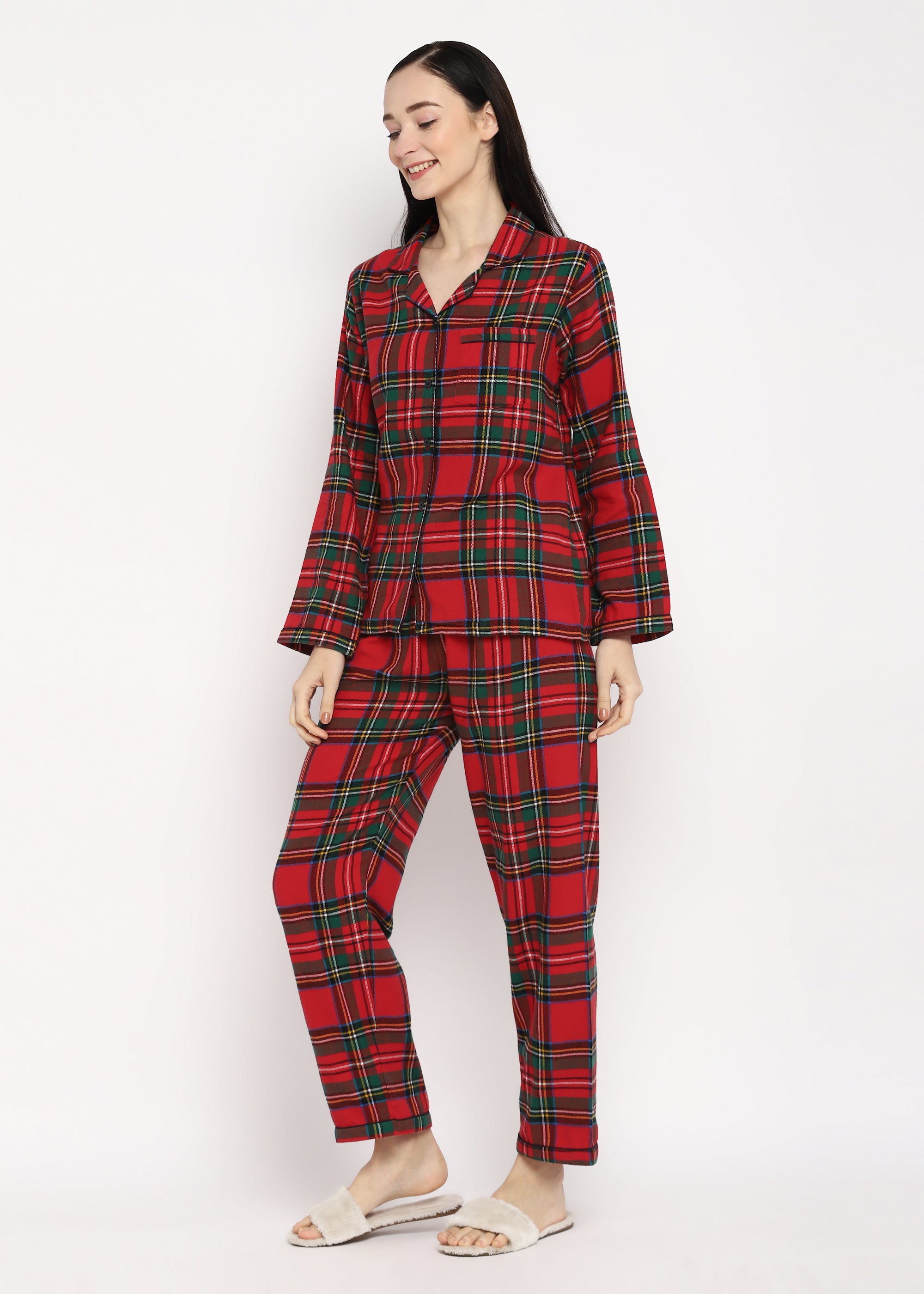 Green & White Checked Print Cotton Flannel Long Sleeve Women's Night Suit - Shopbloom