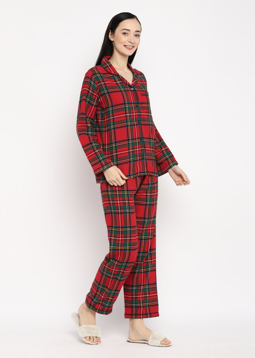 Green & White Checked Print Cotton Flannel Long Sleeve Women's Night Suit - Shopbloom