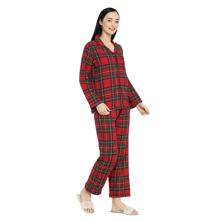 Green & White Checked Print Cotton Flannel Long Sleeve Women's Night Suit - Shopbloom