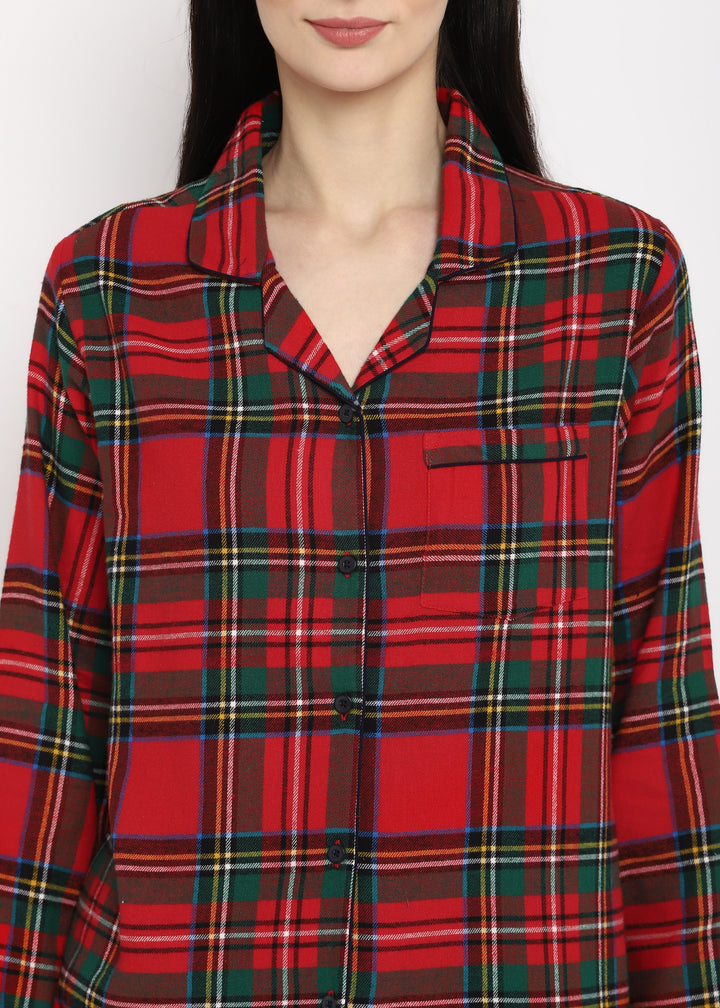 Green & White Checked Print Cotton Flannel Long Sleeve Women's Night Suit - Shopbloom