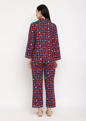 Check & Heart Print  Cotton Flannel Long Sleeve Women's Night Suit - Shopbloom