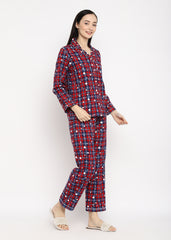 Check & Heart Print  Cotton Flannel Long Sleeve Women's Night Suit - Shopbloom