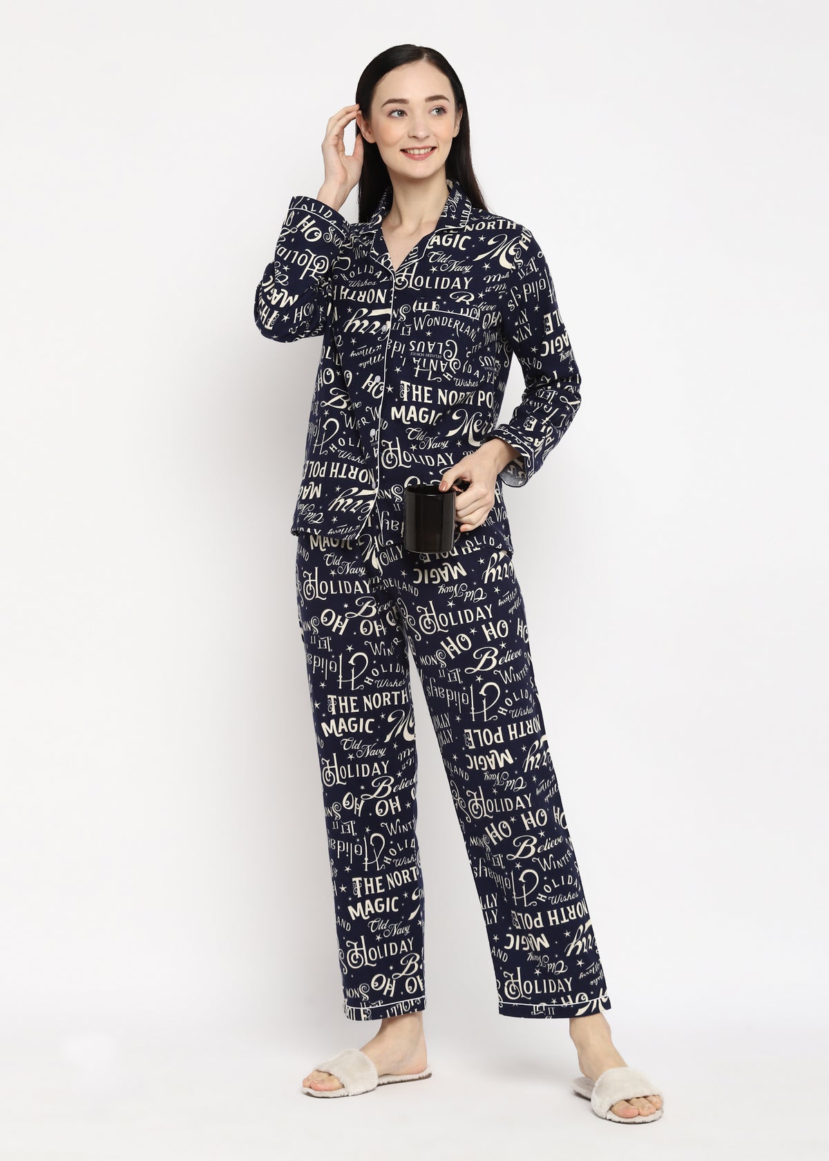 Blue Holiday Wishes Print Long Sleeve Cotton Flannel Women's Night Suit - Shopbloom