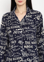 Blue Holiday Wishes Print Long Sleeve Cotton Flannel Women's Night Suit - Shopbloom