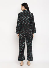 Ribbon Print Cotton Flannel Long Sleeve  Women's Night Suit - Shopbloom