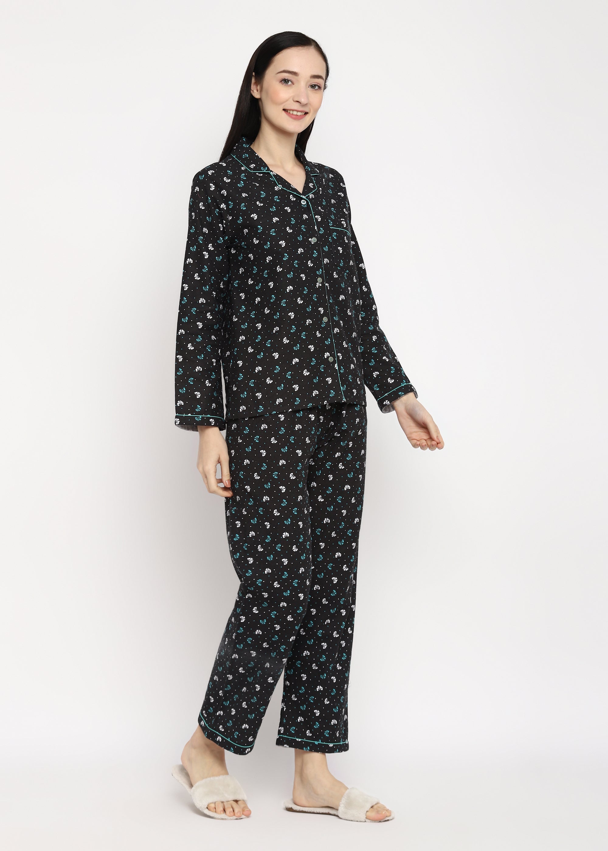 Ribbon Print Cotton Flannel Long Sleeve  Women's Night Suit - Shopbloom