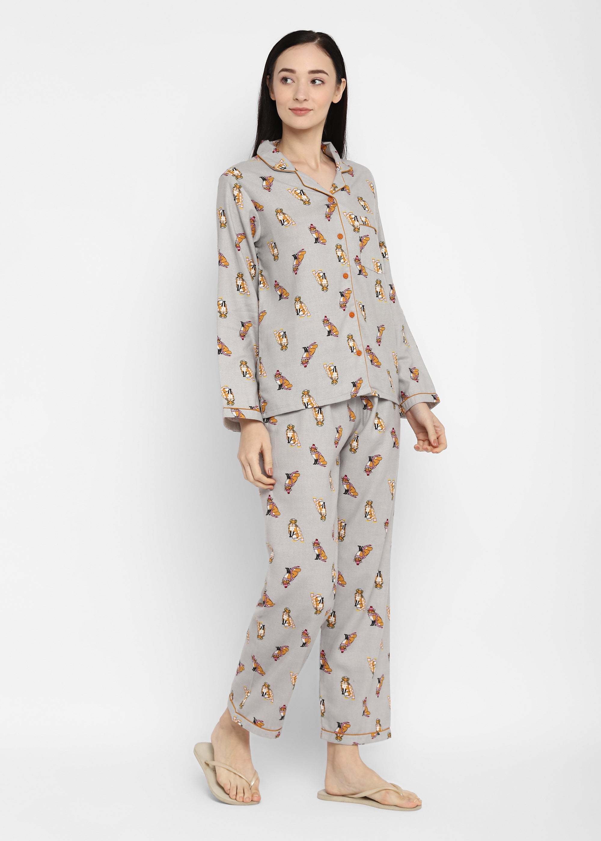 Fox Me Print  Cotton Flannel Long Sleeve Women's Night Suit - Shopbloom