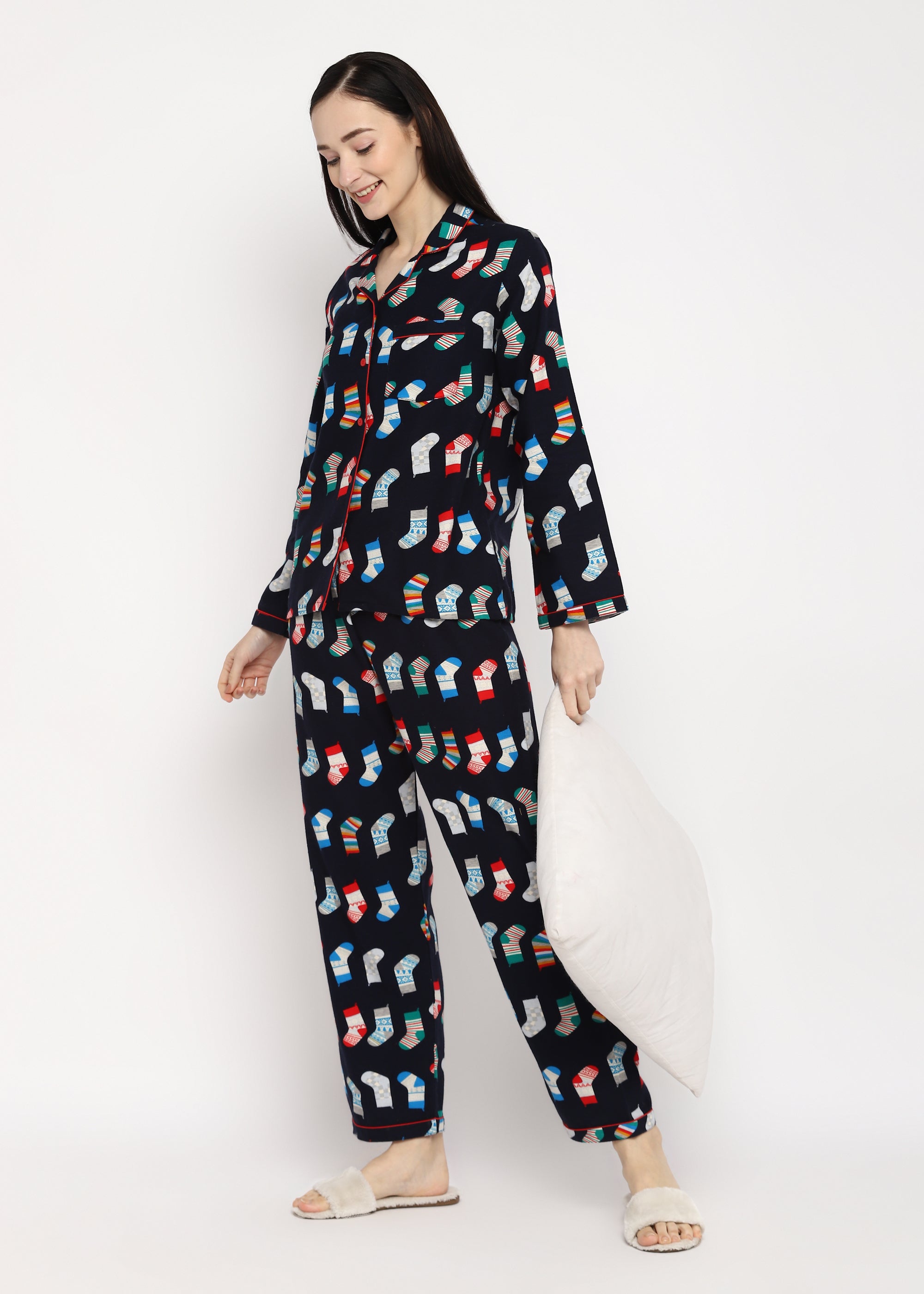 Christmas Socks Print Cotton Flannel Long Sleeve Women's Night Suit - Shopbloom