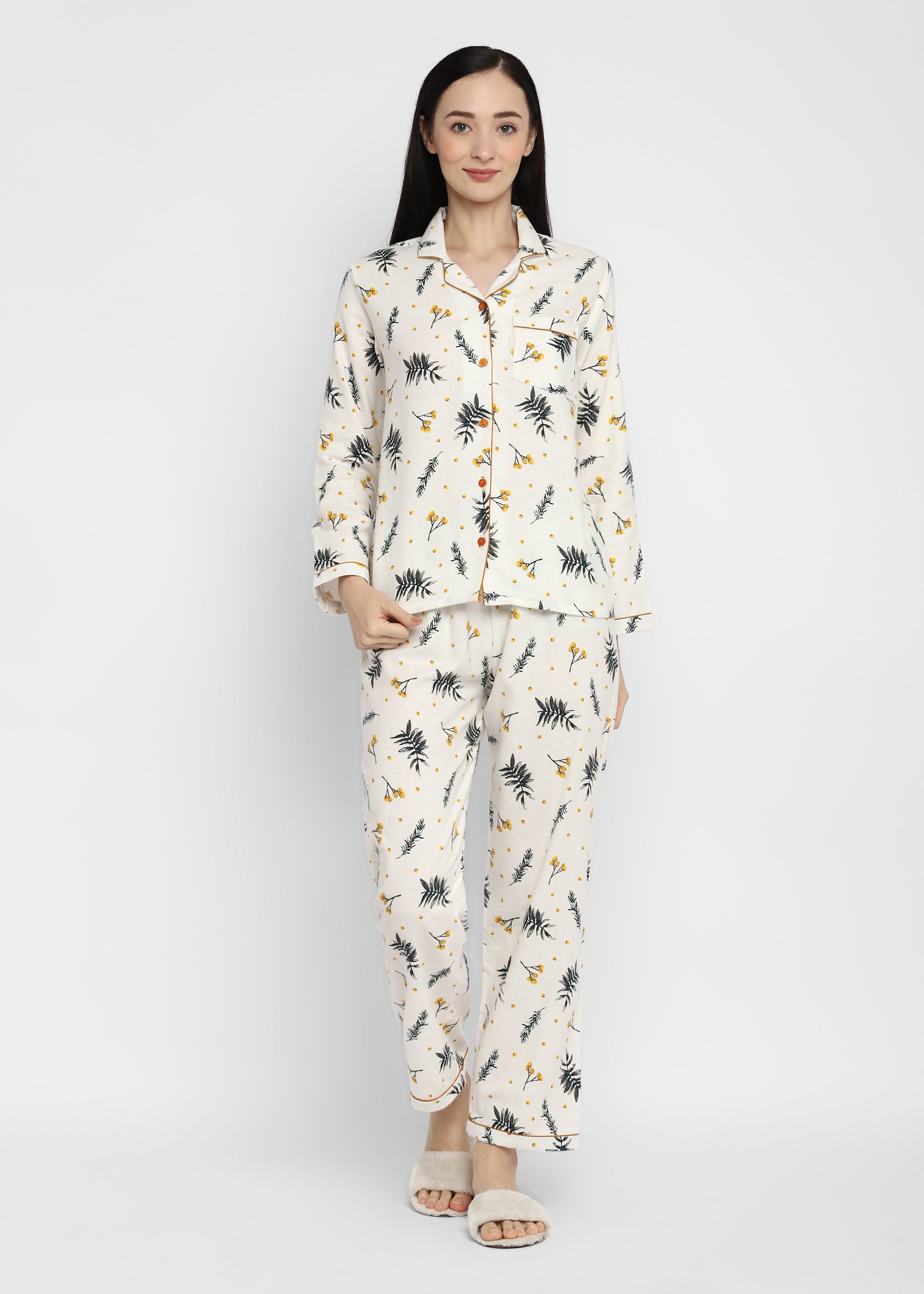 Yellow Blossom Print Long Sleeve Women's Night Suit - Shopbloom
