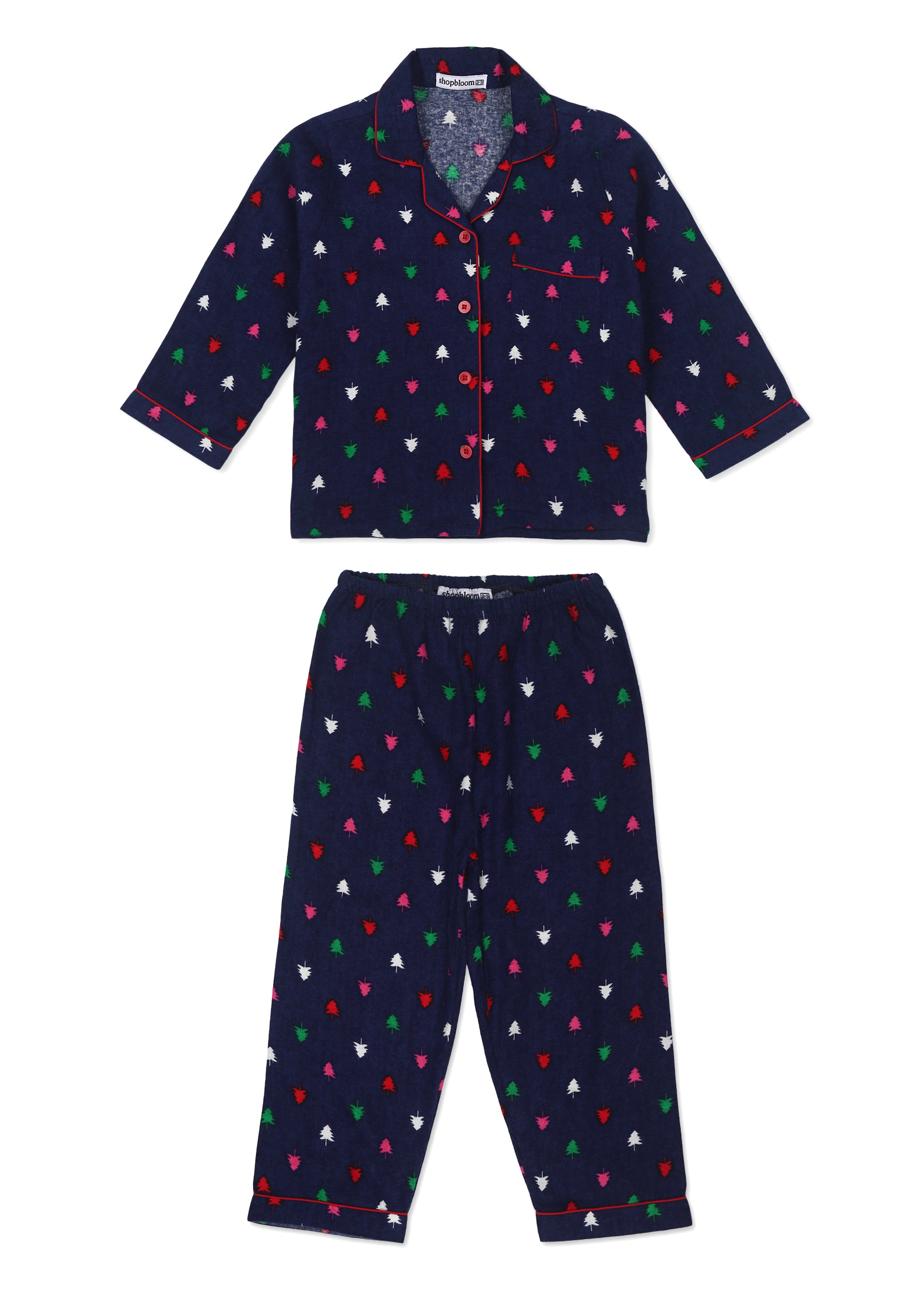 Colorful Christmas Tree Print Cotton Flannel Long Sleeve Kid's Night Suit - Shopbloom