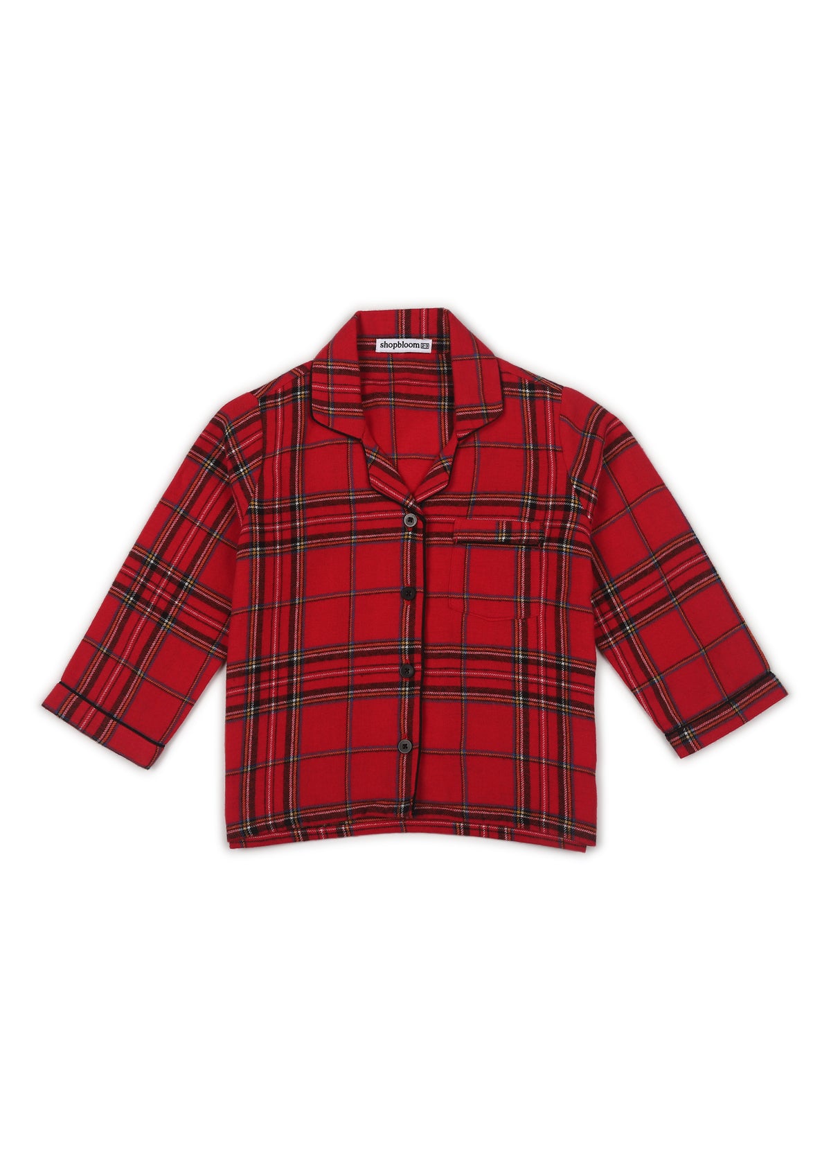 Red and Black Checkered Print Cotton Flannel Long Sleeve Kid's Night Suit - Shopbloom