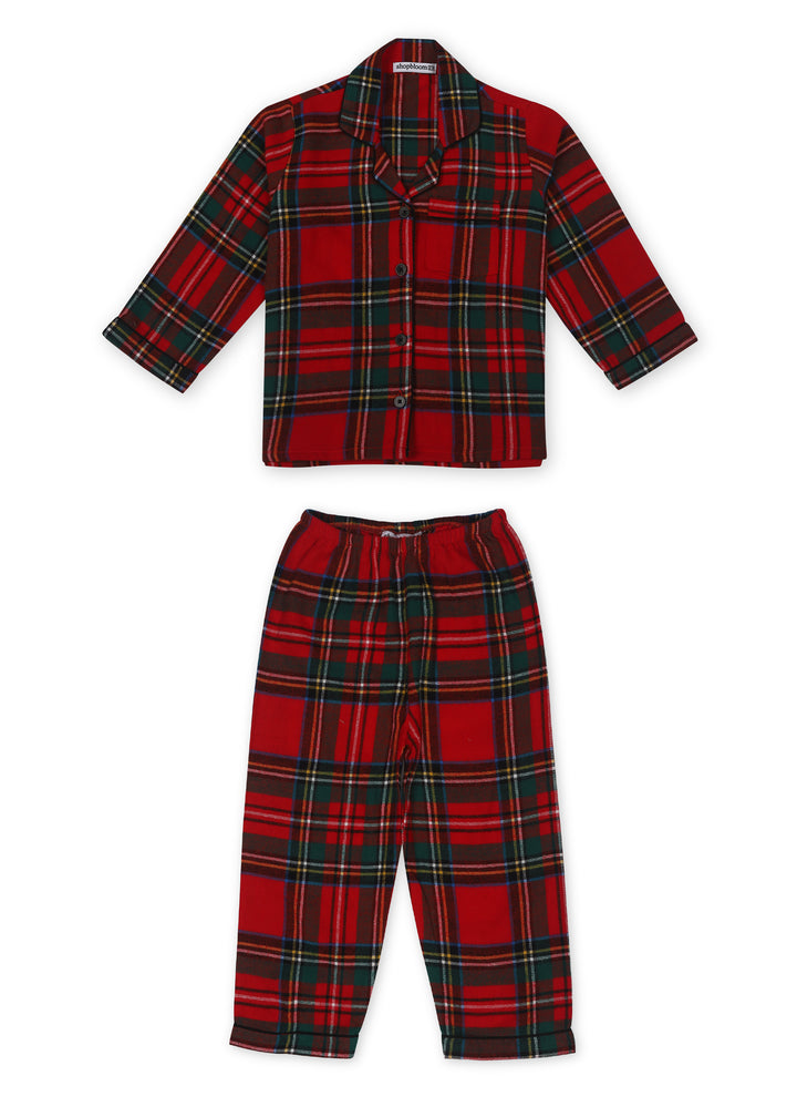 Red and Yellow Checkered Print Cotton Flannel Long Sleeve Kid's Night Suit - Shopbloom