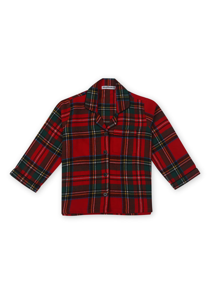 Red and Yellow Checkered Print Cotton Flannel Long Sleeve Kid's Night Suit - Shopbloom