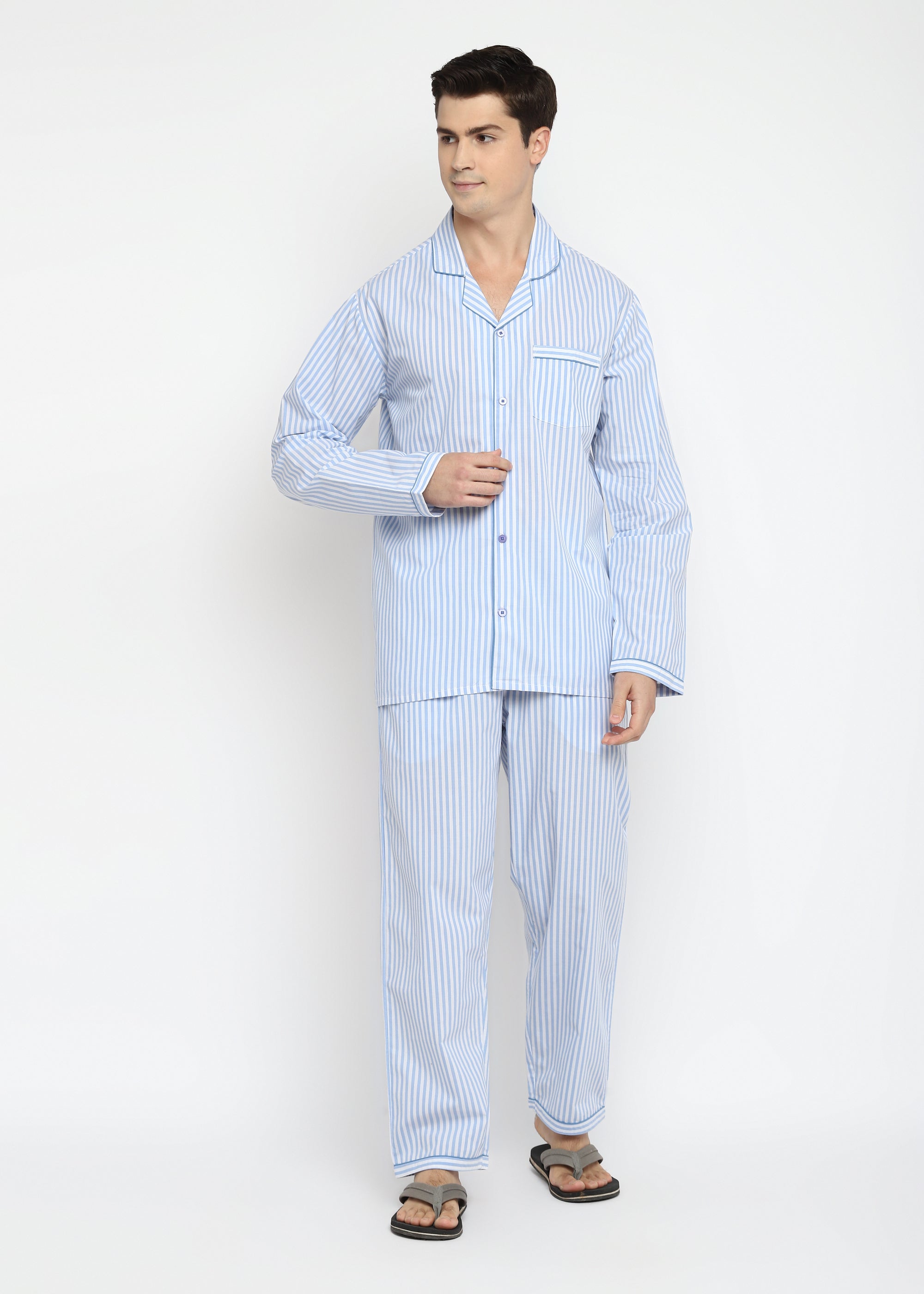 Stripes Print Cotton Long Sleeve Men's Night Suit - Shopbloom