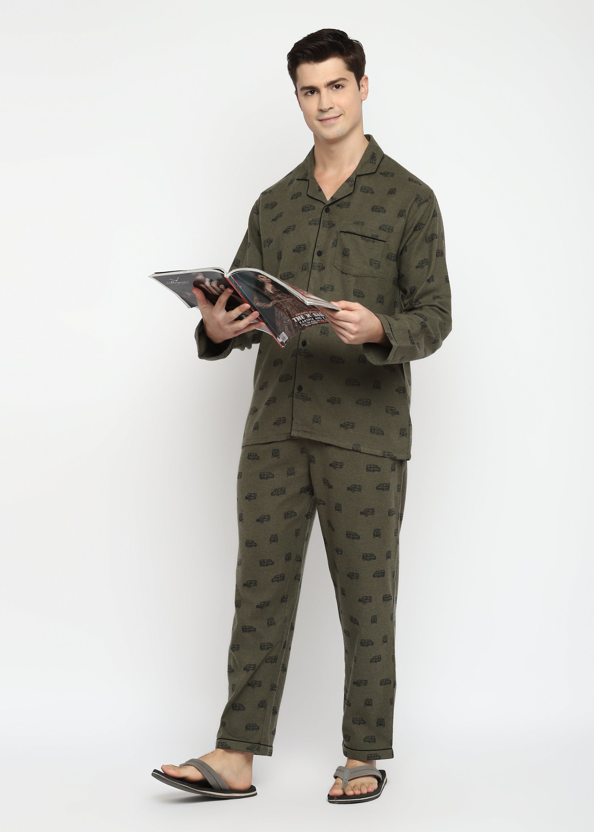 Jeep Print Cotton Flannel Long Sleeve Men's Night Suit - Shopbloom