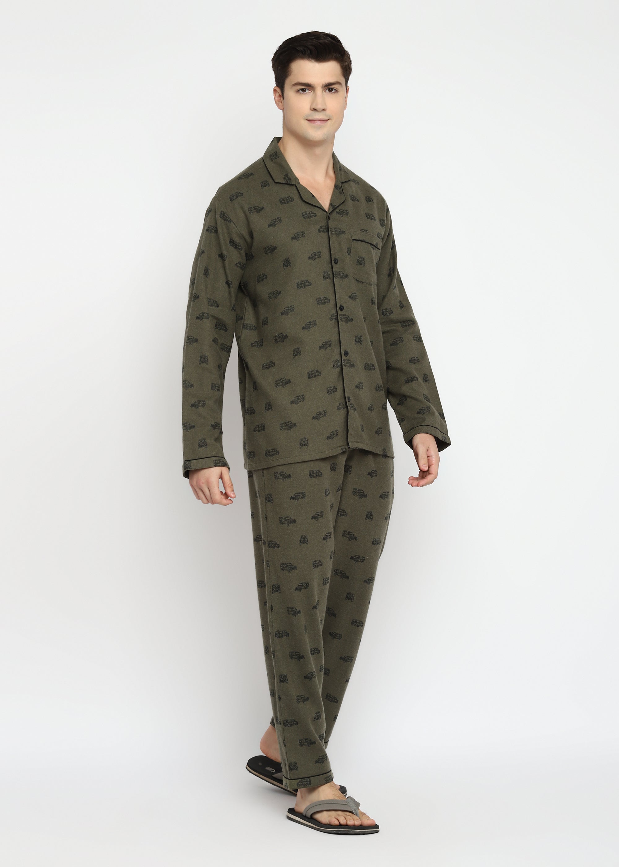 Jeep Print Cotton Flannel Long Sleeve Men's Night Suit - Shopbloom