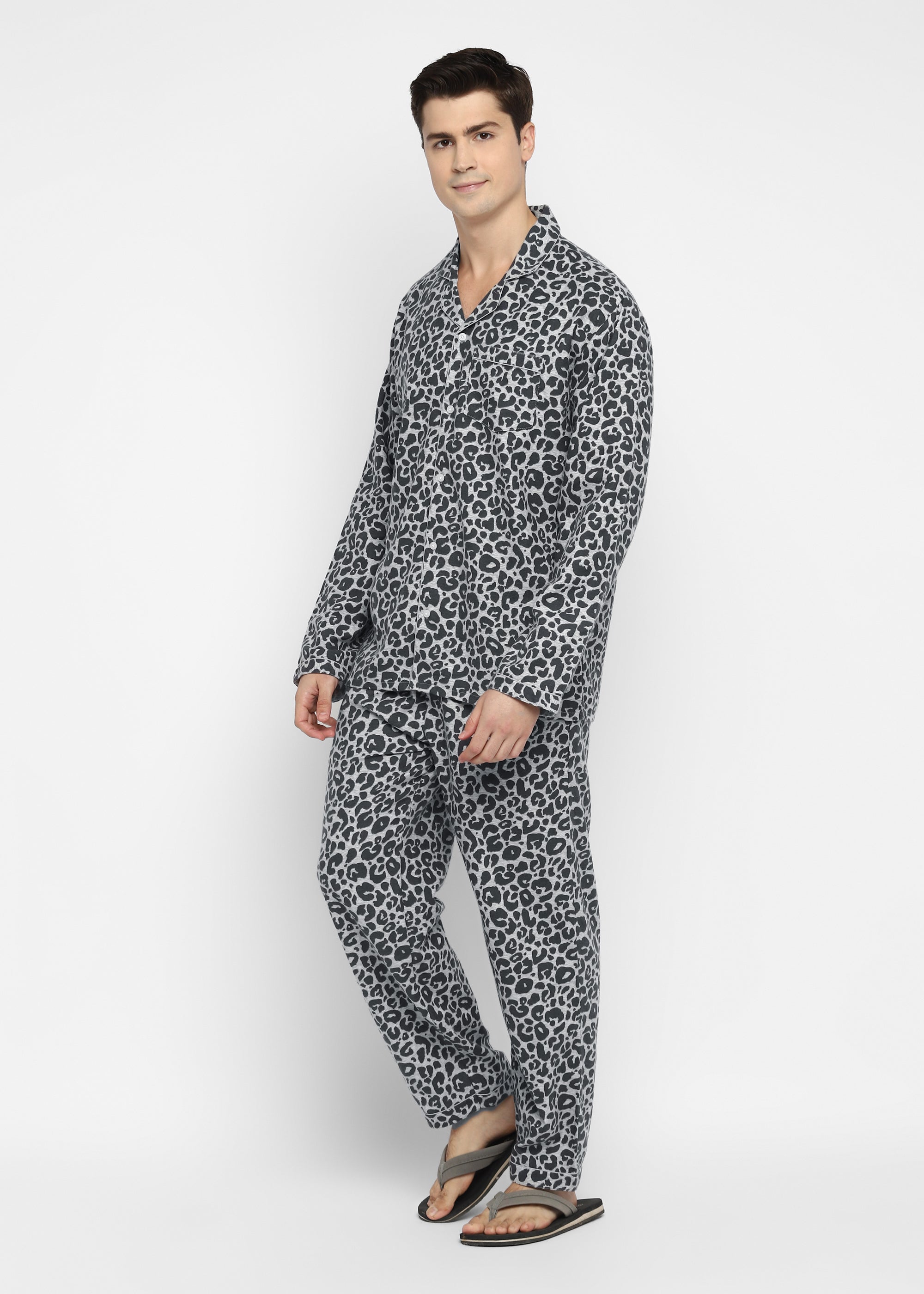 Grey Animal Print Cotton Flannel Long Sleeve Men's Night Suit - Shopbloom