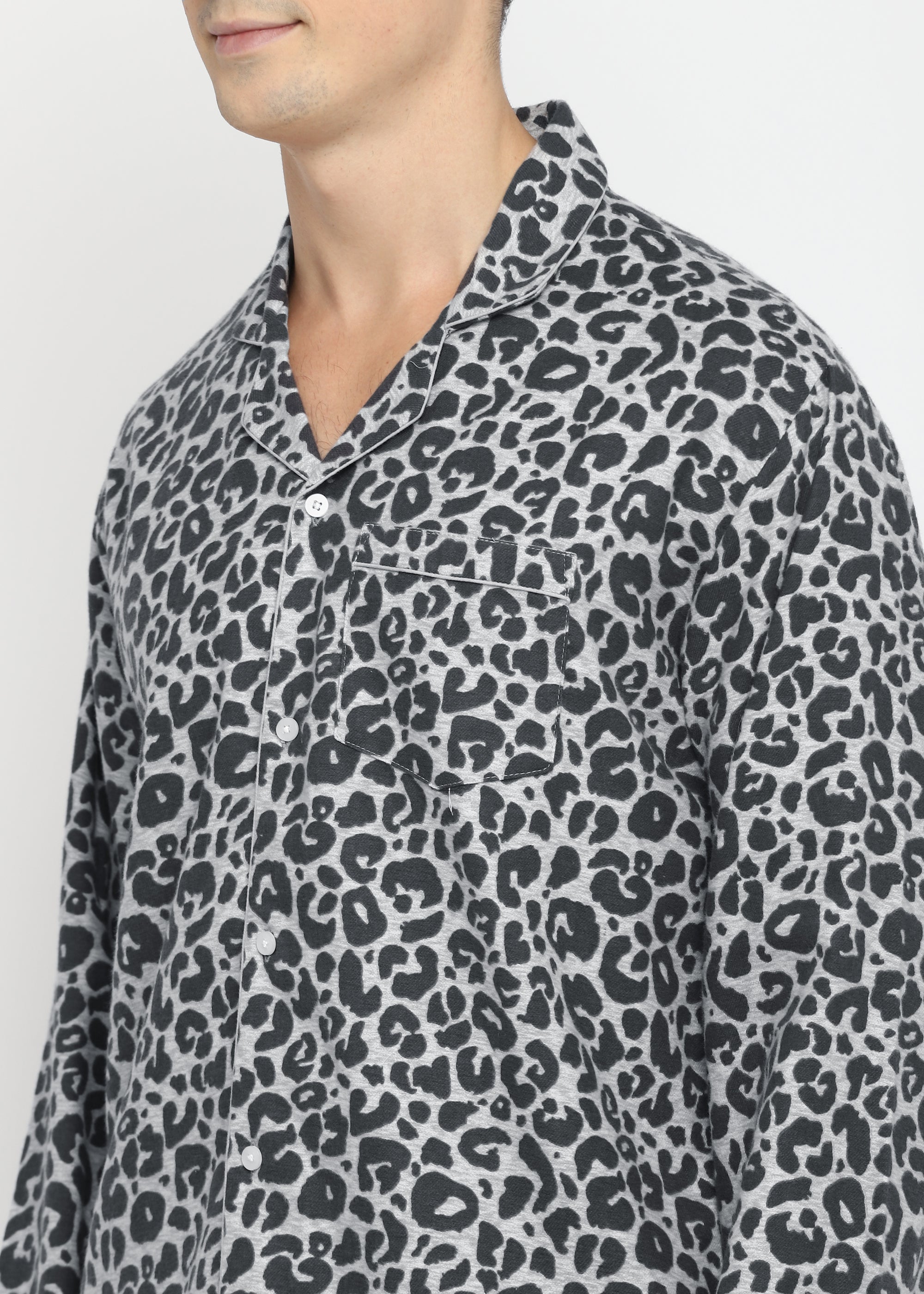 Grey Animal Print Cotton Flannel Long Sleeve Men's Night Suit - Shopbloom