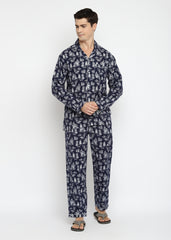 Christmas Snow Print Cotton Flannel Long Sleeve Men's Night Suit - Shopbloom