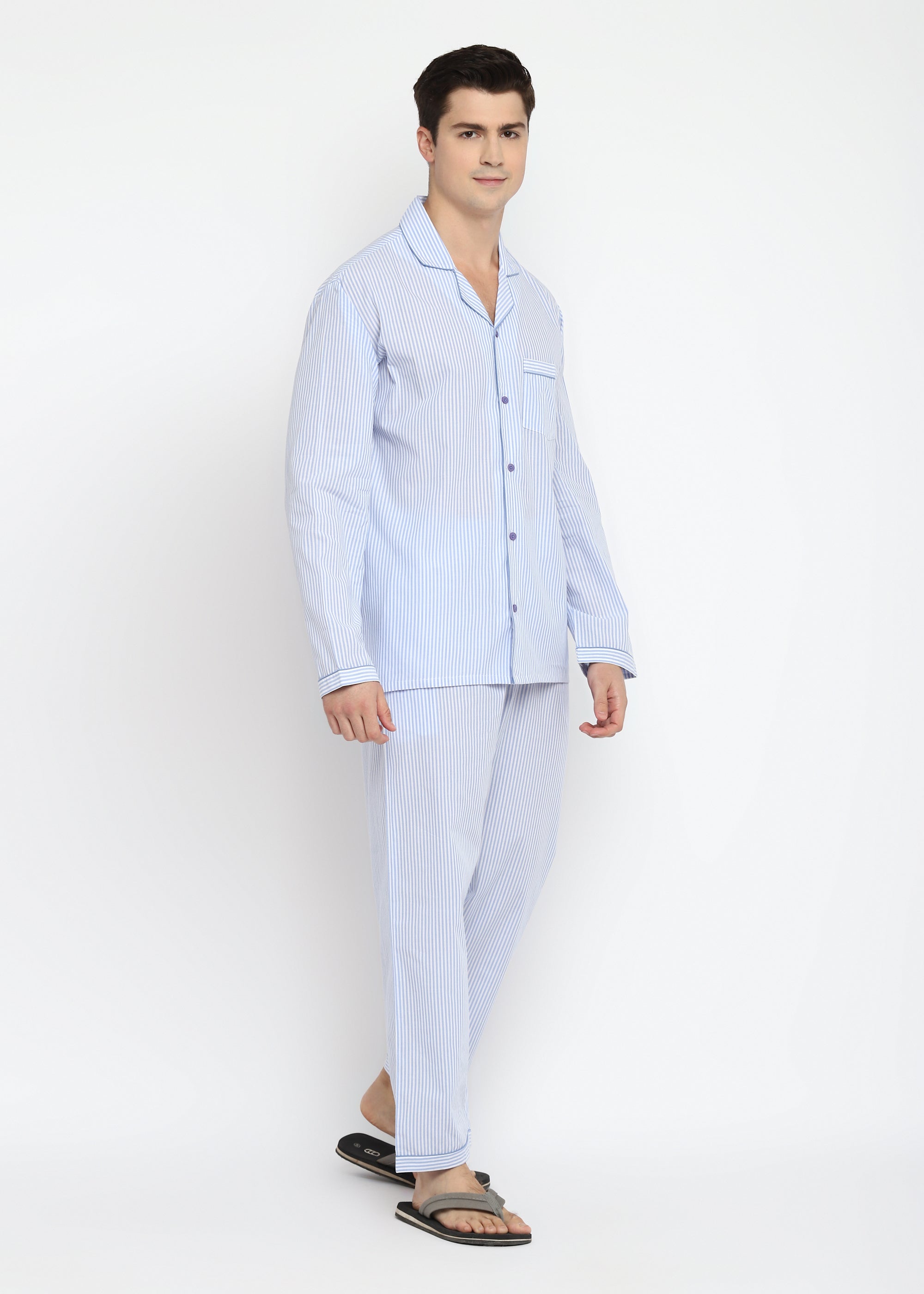 Thin Stripes Print Cotton Long Sleeve Men's Night Suit - Shopbloom