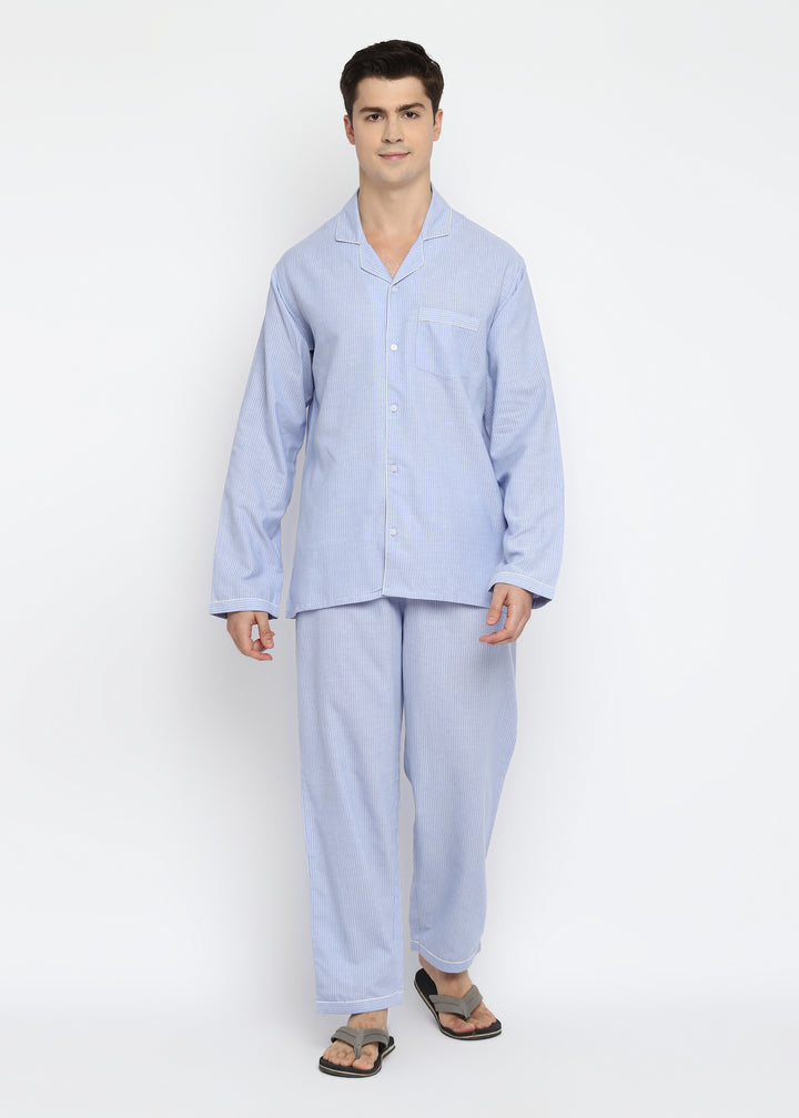 Tiny Stripes Print Cotton Long Sleeve Men's Night Suit - Shopbloom