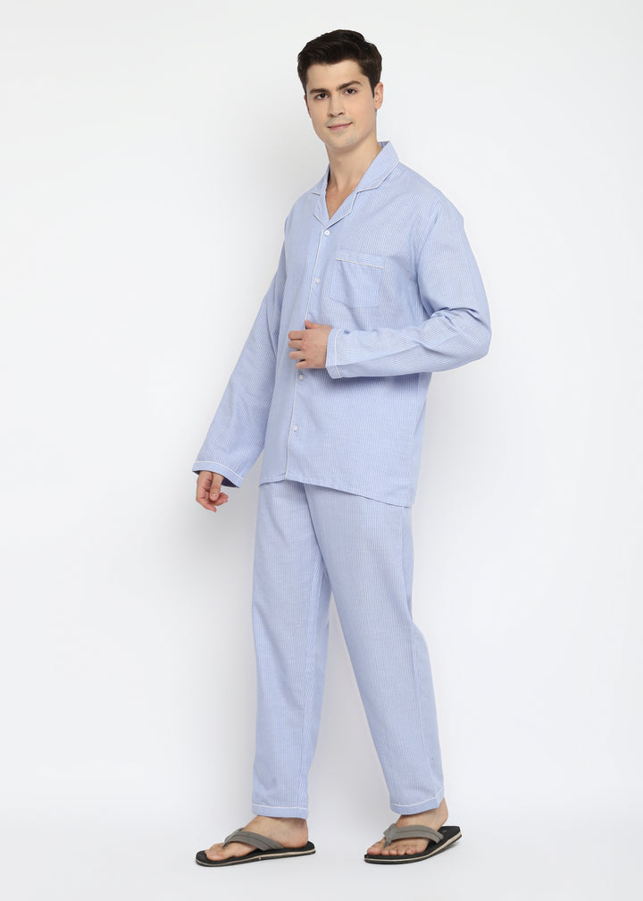 Tiny Stripes Print Cotton Long Sleeve Men's Night Suit - Shopbloom