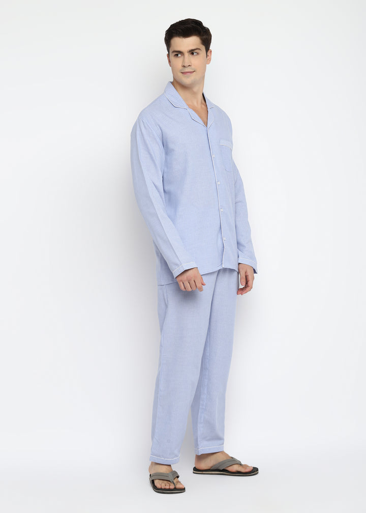 Tiny Stripes Print Cotton Long Sleeve Men's Night Suit - Shopbloom