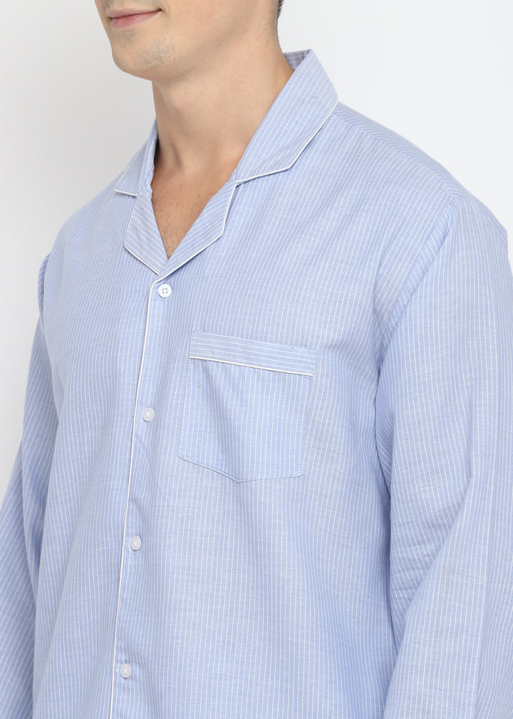 Tiny Stripes Print Cotton Long Sleeve Men's Night Suit - Shopbloom