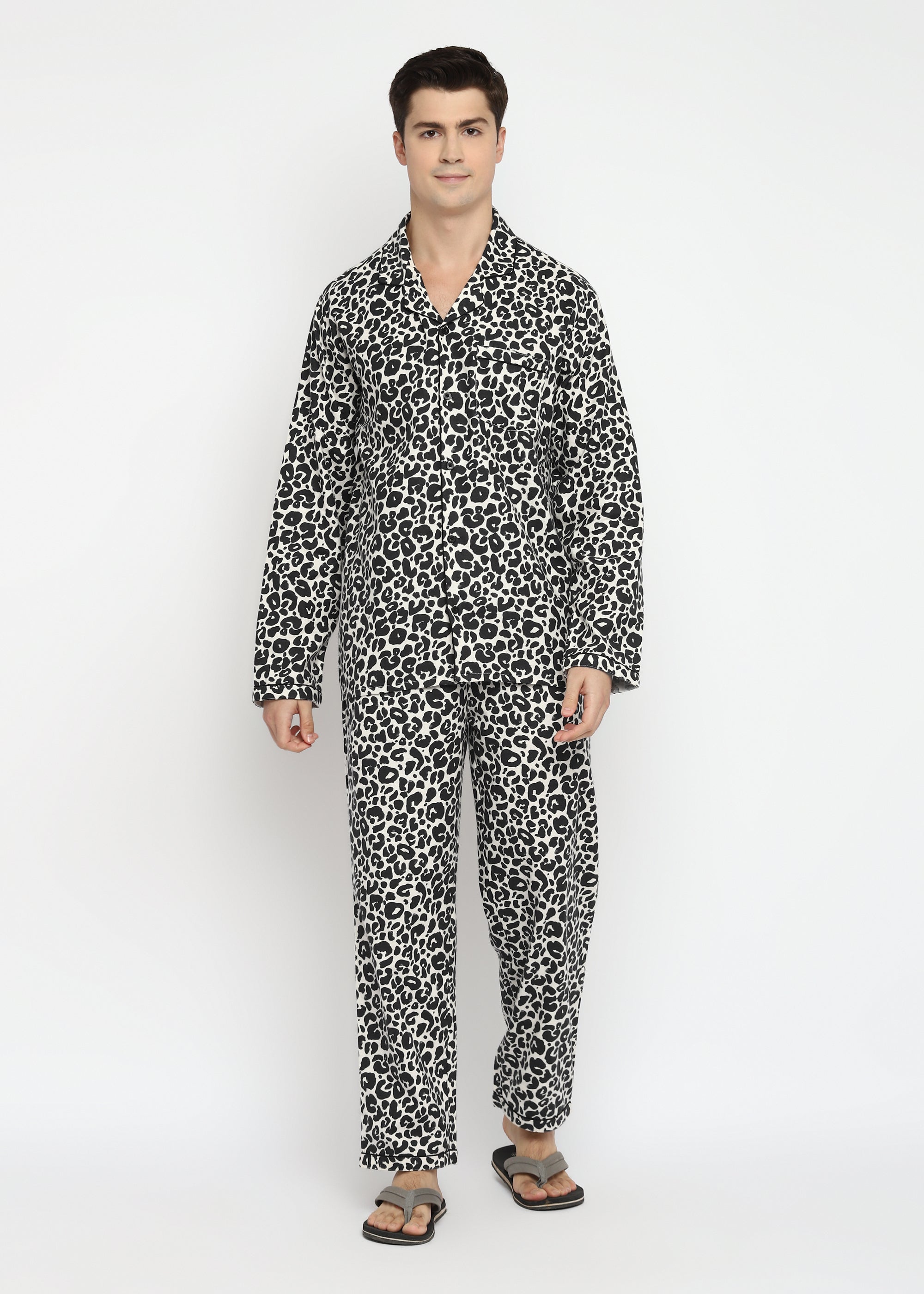 Black Animal Print Cotton Flannel Long Sleeve Men's Night Suit - Shopbloom