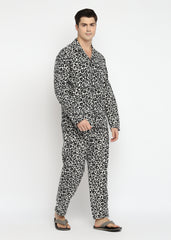 Black Animal Print Cotton Flannel Long Sleeve Men's Night Suit - Shopbloom