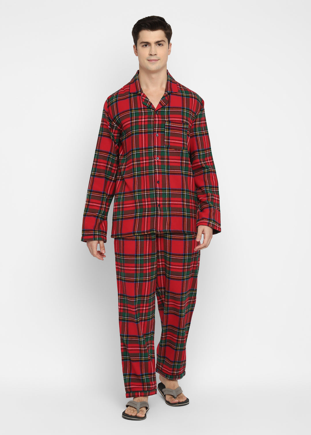 Green and Yellow Checkered Print Cotton Flannel Long Sleeve Men's Night Suit - Shopbloom