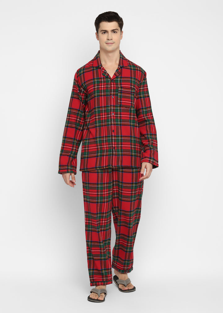 Green and Yellow Checkered Print Cotton Flannel Long Sleeve Men's Night Suit - Shopbloom