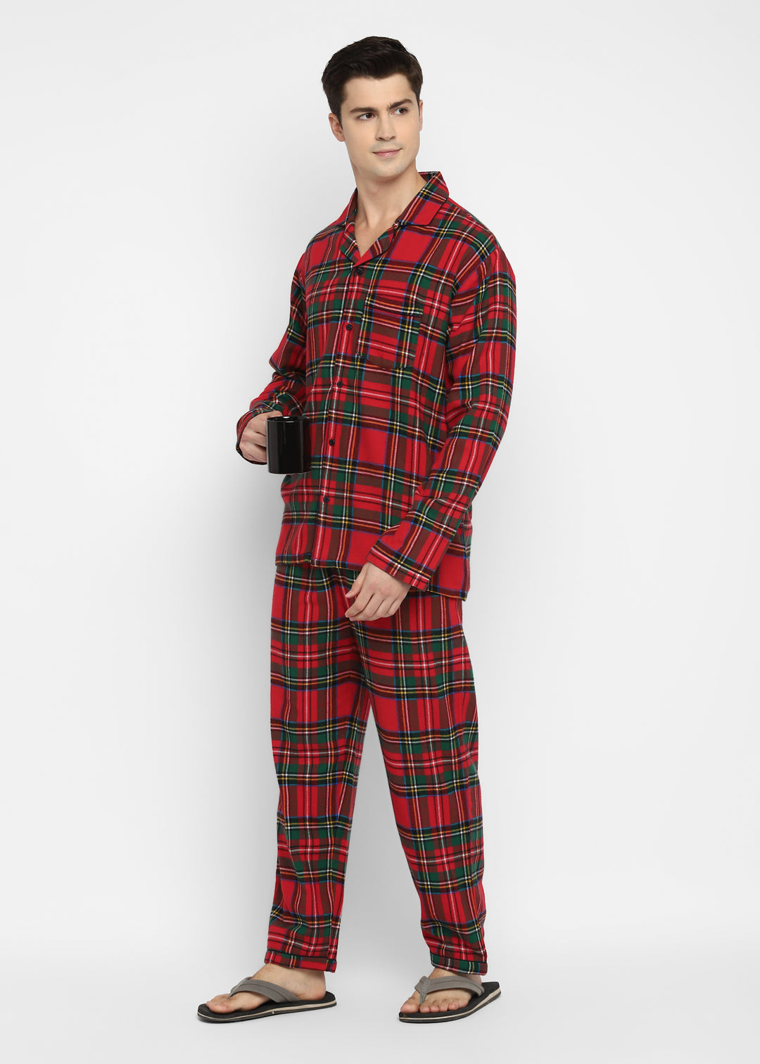 Green and Yellow Checkered Print Cotton Flannel Long Sleeve Men's Night Suit - Shopbloom