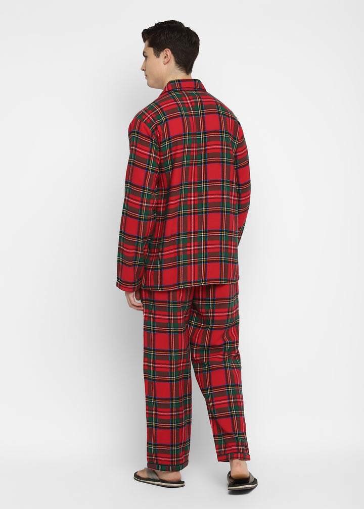 Green and Yellow Checkered Print Cotton Flannel Long Sleeve Men's Night Suit - Shopbloom