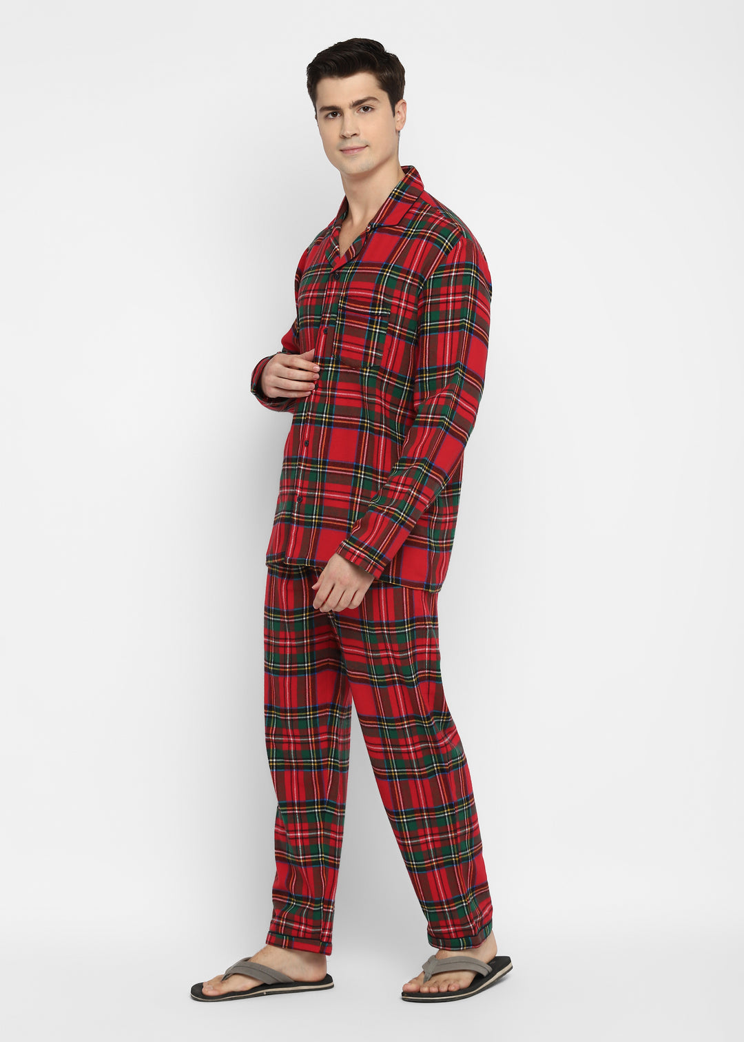 Green and Yellow Checkered Print Cotton Flannel Long Sleeve Men's Night Suit - Shopbloom