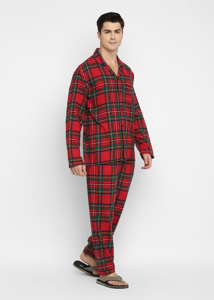 Green and Yellow Checkered Print Cotton Flannel Long Sleeve Men's Night Suit - Shopbloom