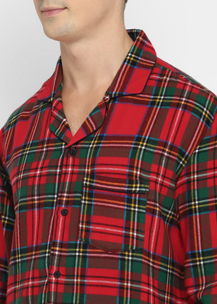 Green and Yellow Checkered Print Cotton Flannel Long Sleeve Men's Night Suit - Shopbloom