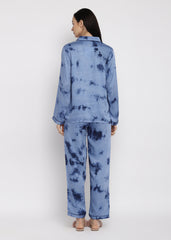 Blue Tie & Dye Modal Satin Long Sleeve Women's Night Suit - Shopbloom