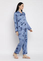Blue Tie & Dye Modal Satin Long Sleeve Women's Night Suit - Shopbloom