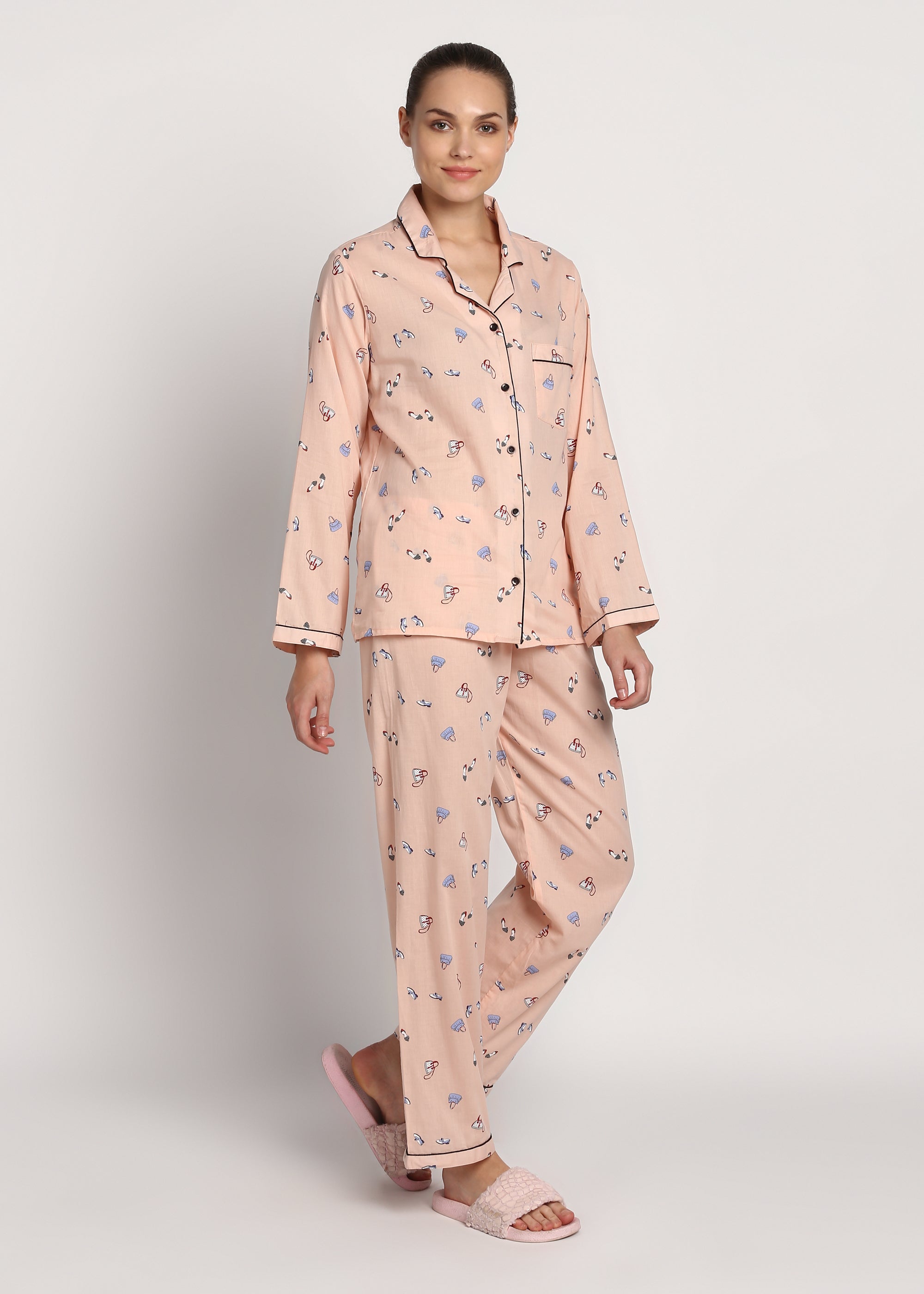 Bags and Shoes Print Long Sleeve Women's Night Suit - Shopbloom