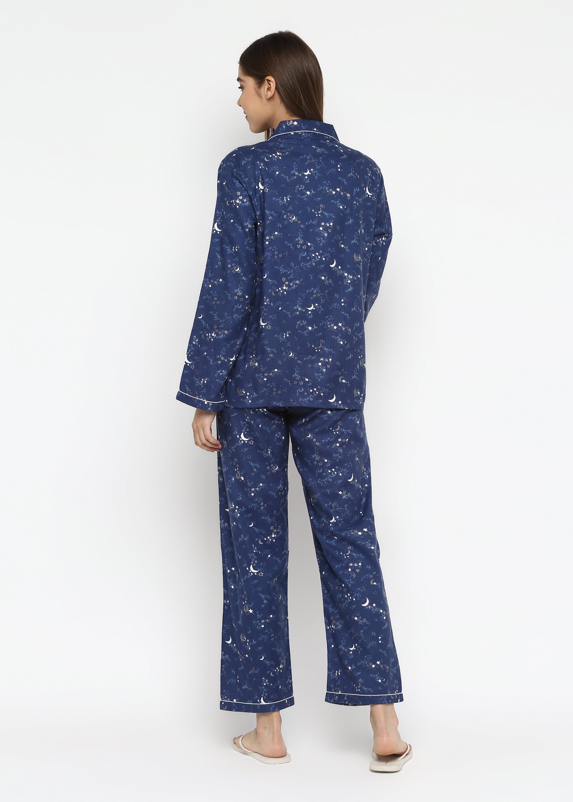 Blue Star and Moon Print Cotton Flannel Long Sleeve Women's Night Suit - Shopbloom