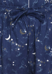 Blue Star and Moon Print Cotton Flannel Long Sleeve Women's Night Suit - Shopbloom