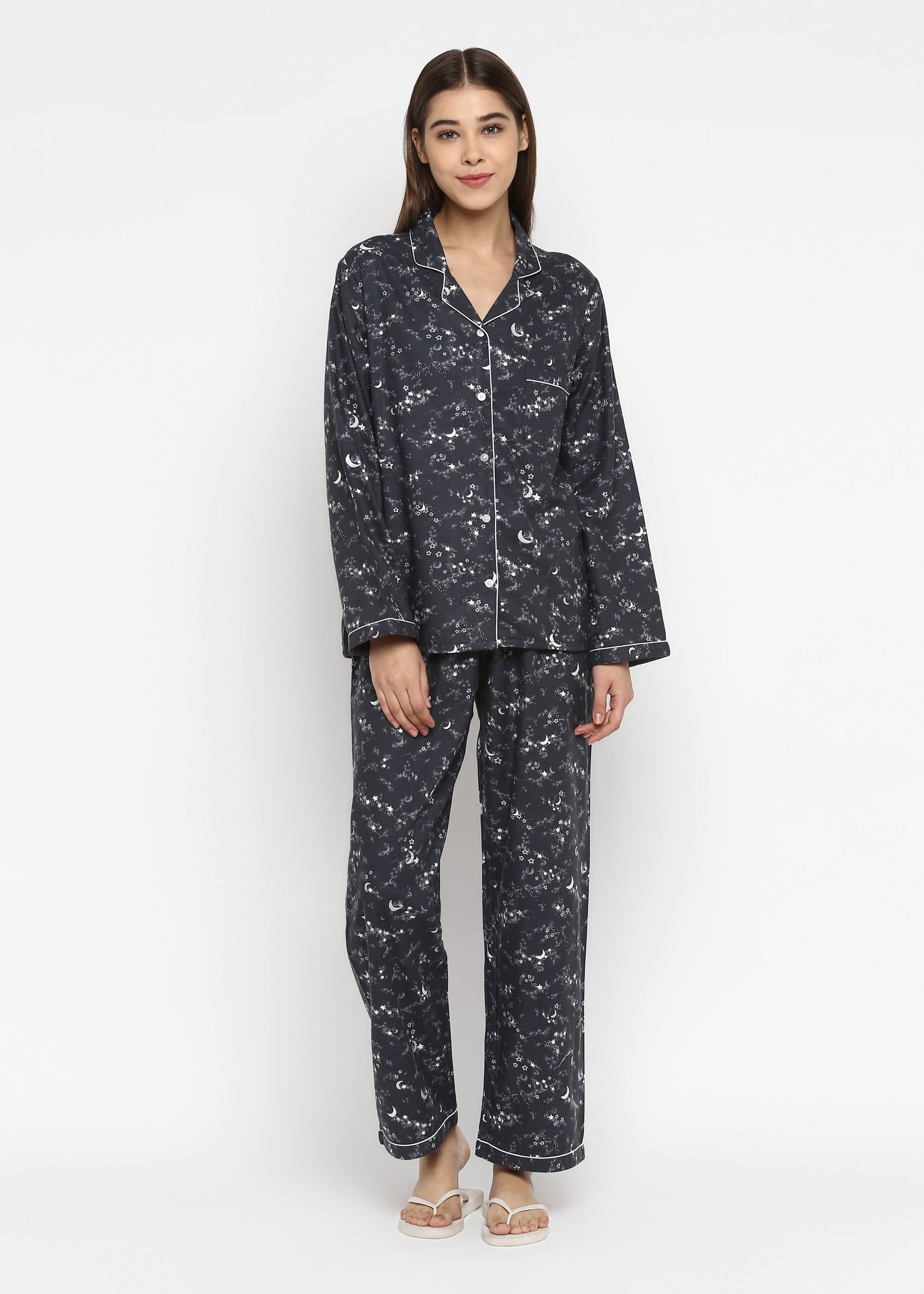 Grey Star and Moon Print Cotton Flannel Long Sleeve Women's Night Suit - Shopbloom