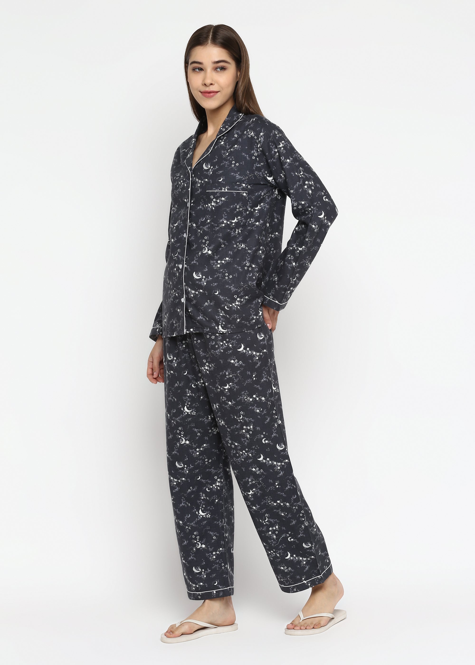 Grey Star and Moon Print Cotton Flannel Long Sleeve Women's Night Suit - Shopbloom