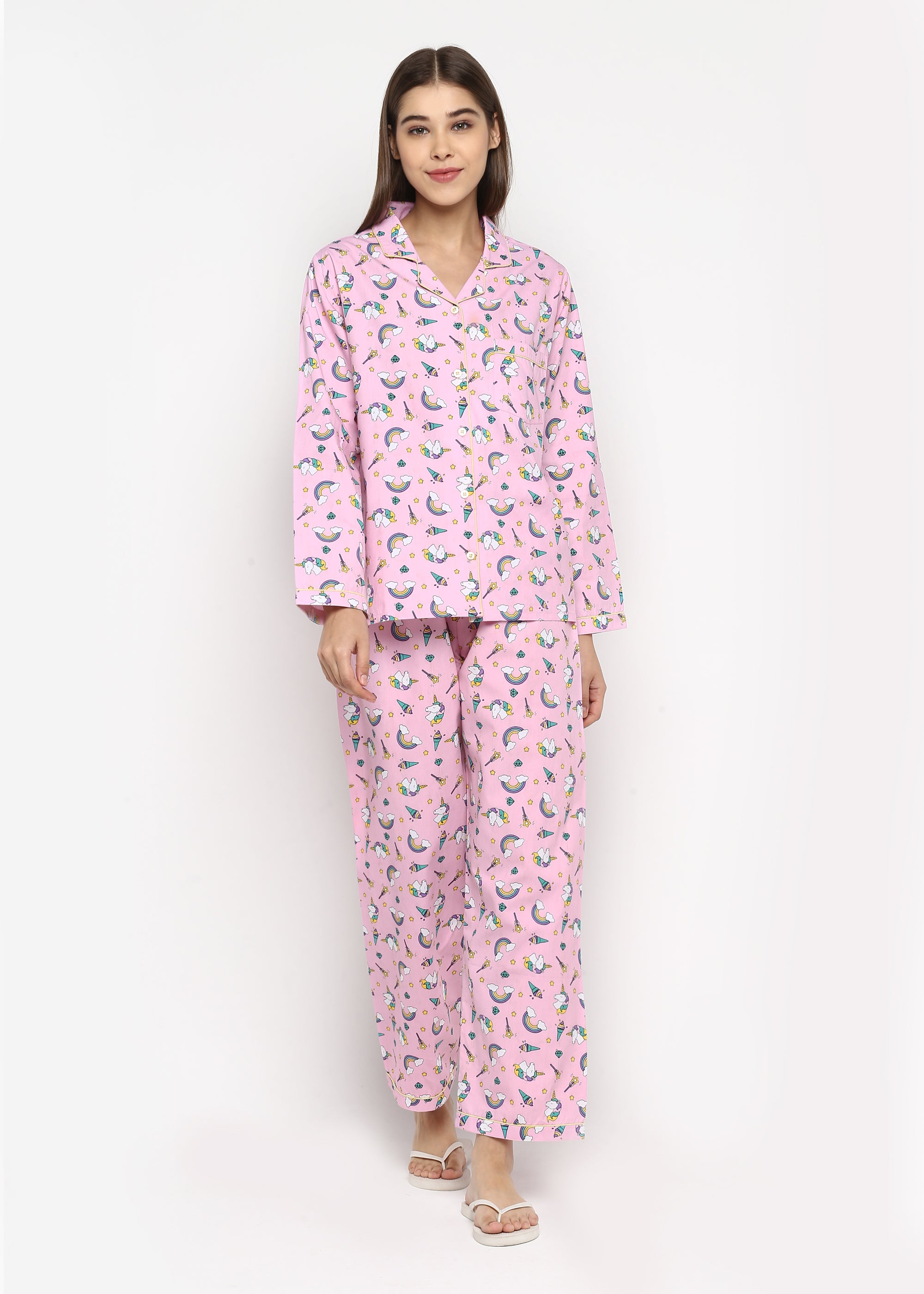 Baby Pink Unicorn Print Long Sleeve Women's Night Suit - Shopbloom
