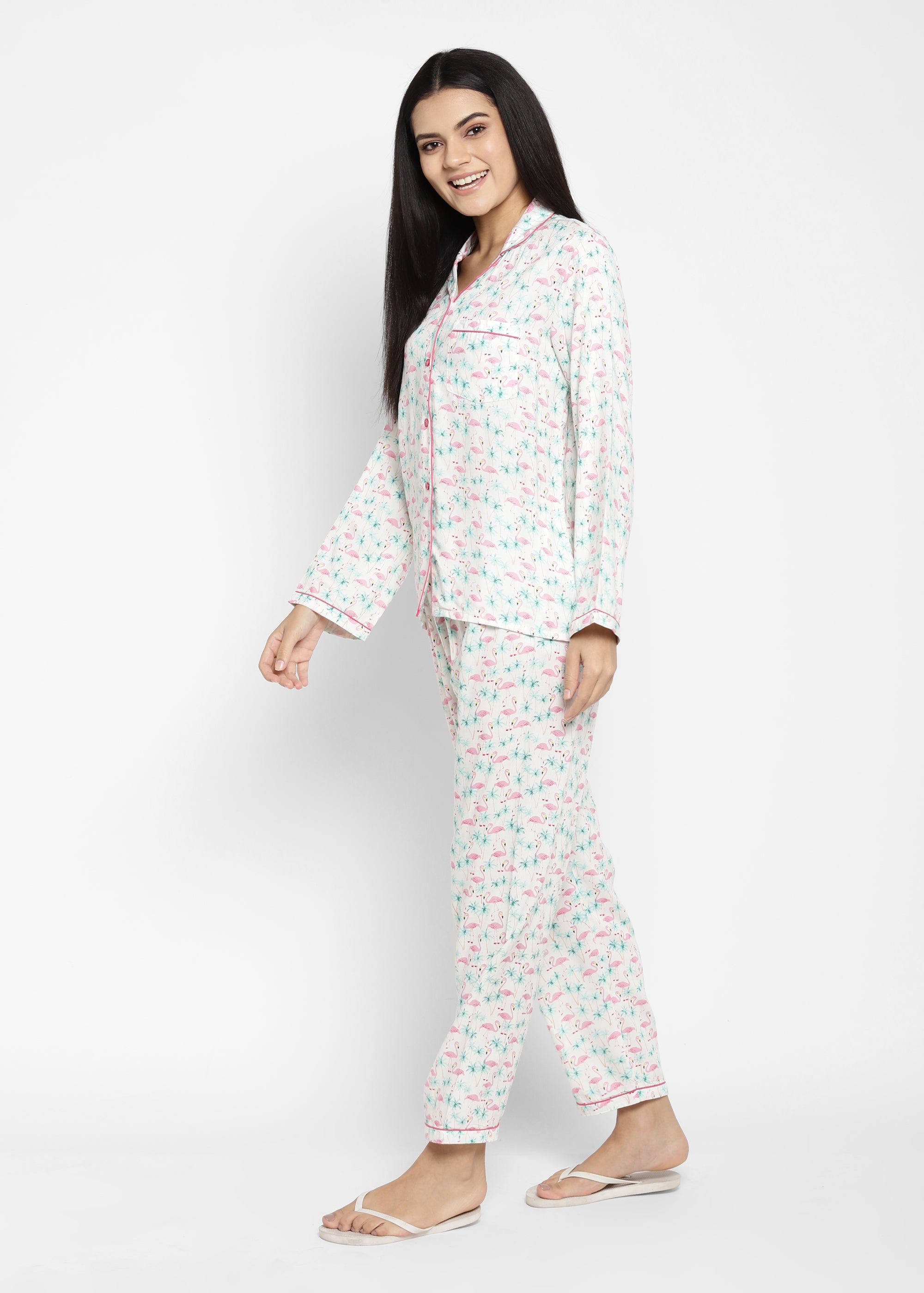 Flamingo Tropical Print Long Sleeve Women's Night Suit - Shopbloom