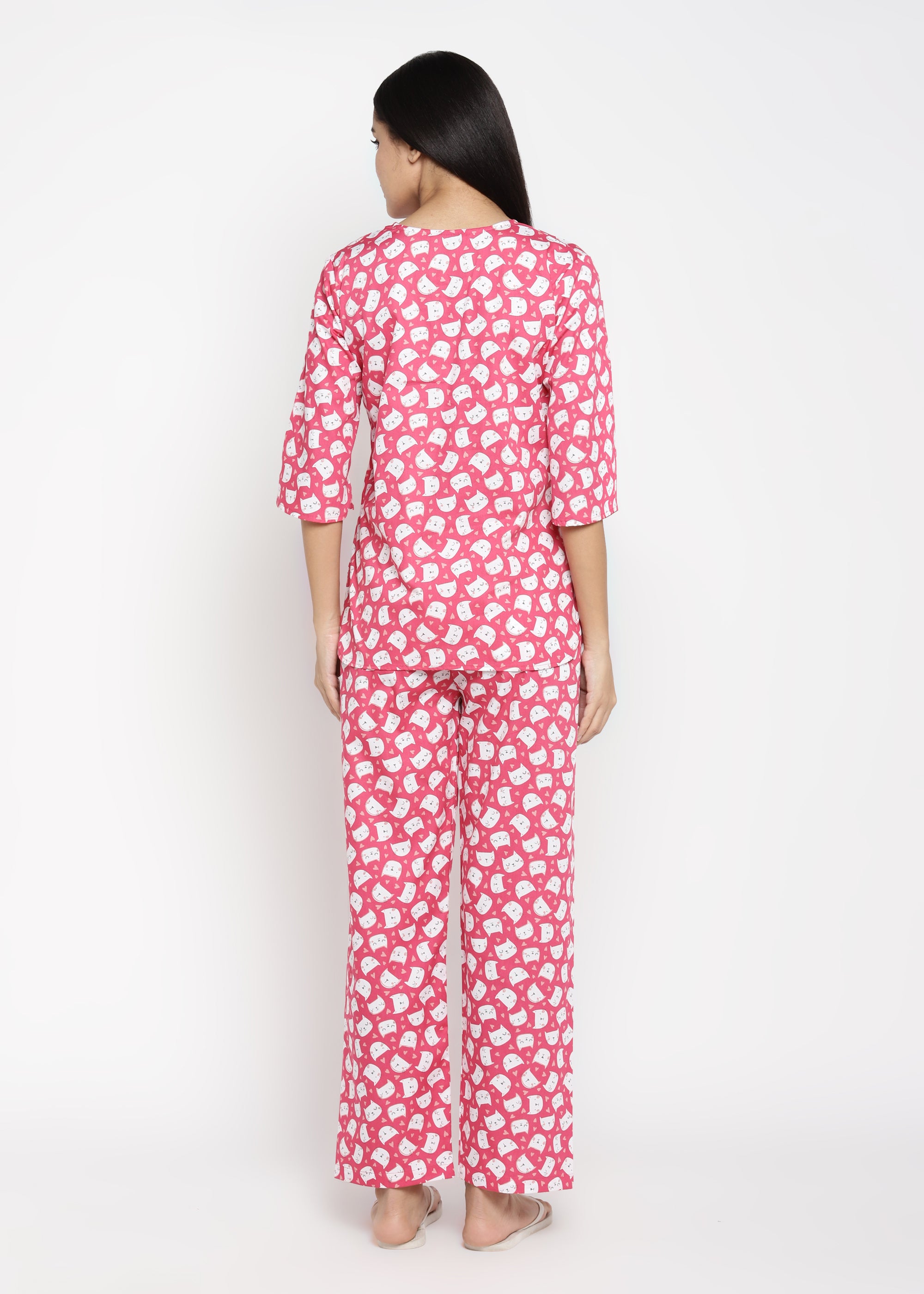 Bright Pink Kitty Print V Neck Women's Night Suit - Shopbloom