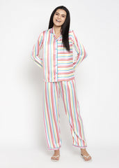Multi Colored Stripe Satin Long Sleeve Women's Night Suit - Shopbloom