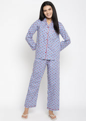 Cherry Stripe Print Long Sleeve Women's Night Suit - Shopbloom